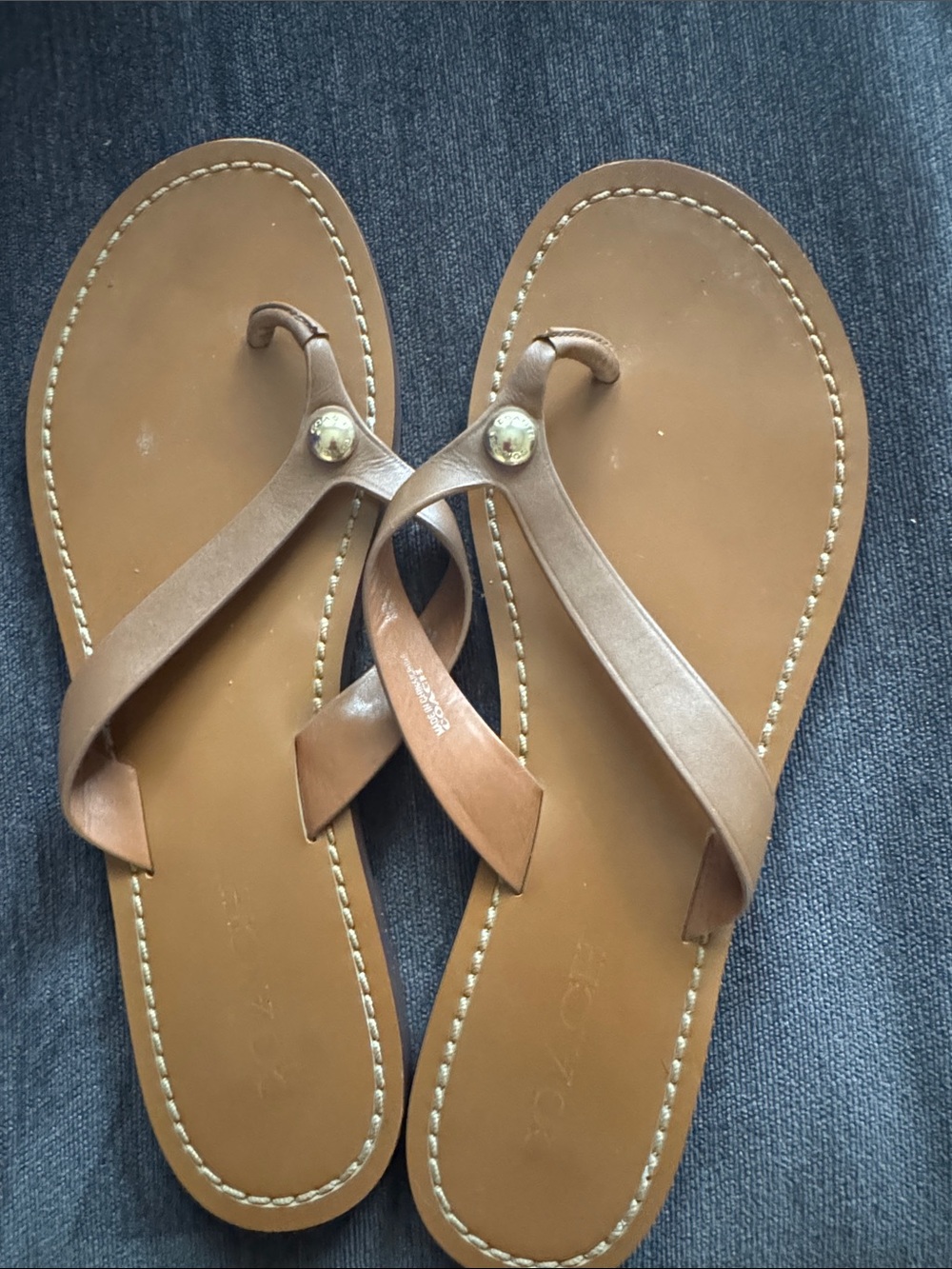 Coach Tan Leather Thong Sandals with Gold Accent
